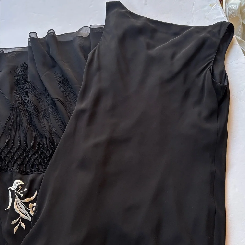 Vintage y2k Maxi Dress Long Dress Black Sue Wong Fringe Cowneck Embroidered - Picture 4 of 17
